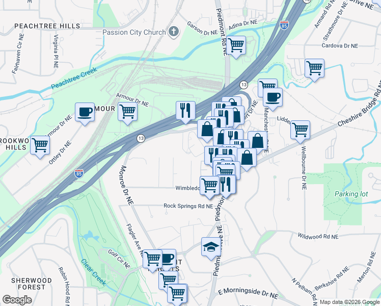map of restaurants, bars, coffee shops, grocery stores, and more near 2000 Monroe Place Northeast in Atlanta
