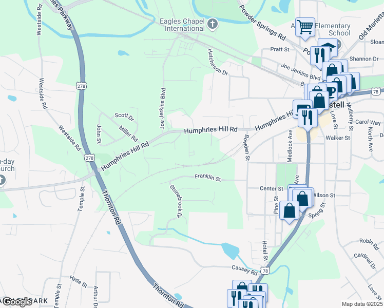 map of restaurants, bars, coffee shops, grocery stores, and more near 5971 Peco Lane in Austell