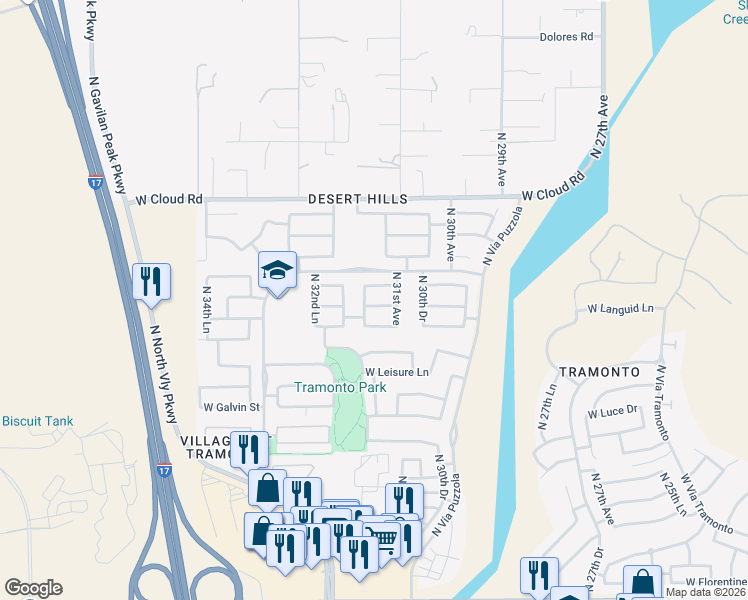 map of restaurants, bars, coffee shops, grocery stores, and more near 3122 West Languid Lane in Phoenix