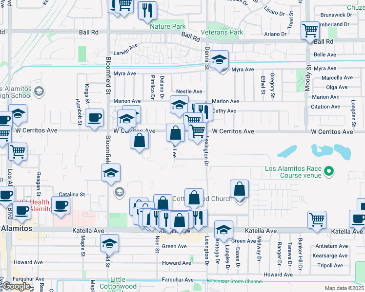 map of restaurants, bars, coffee shops, grocery stores, and more near 4431 Corporate Center Dr in Los Alamitos