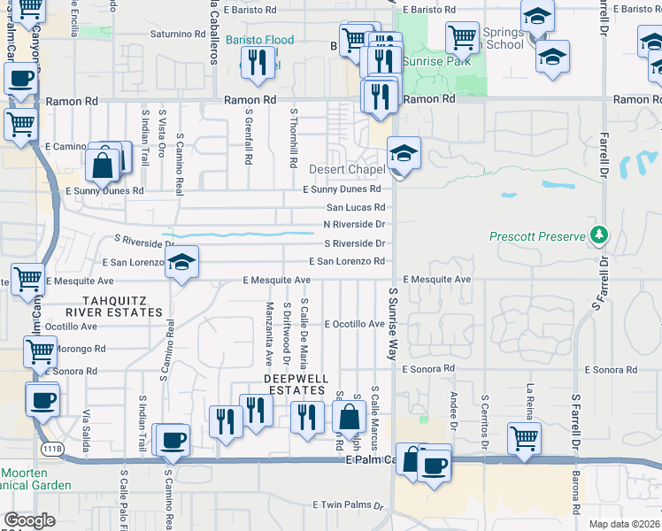 map of restaurants, bars, coffee shops, grocery stores, and more near 1009 South Paseo De Marcia in Palm Springs