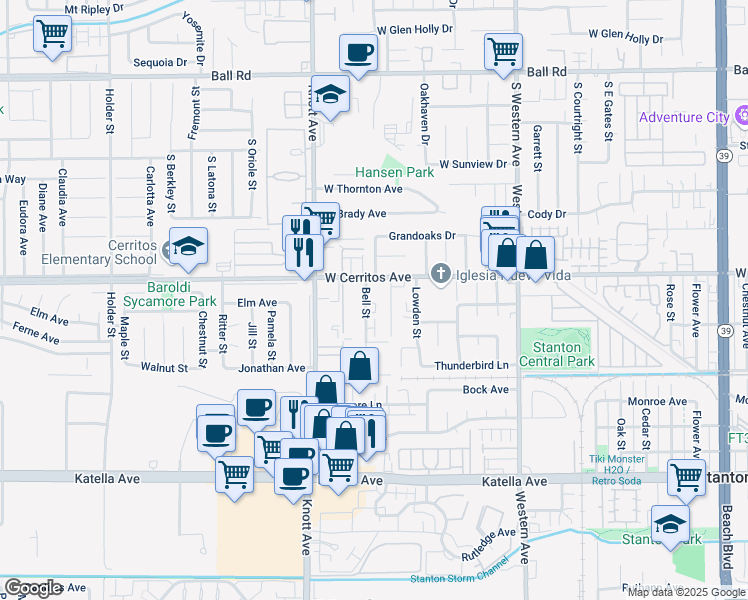 map of restaurants, bars, coffee shops, grocery stores, and more near 10602 Bell Street in Stanton