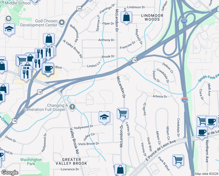 map of restaurants, bars, coffee shops, grocery stores, and more near 1061 Greenbriar Circle in Decatur