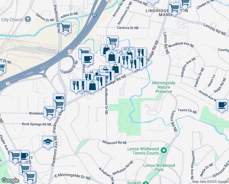 map of restaurants, bars, coffee shops, grocery stores, and more near 1975 Wellbourne Drive Northeast in Atlanta