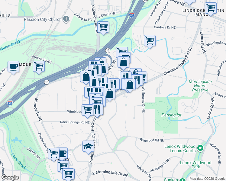 map of restaurants, bars, coffee shops, grocery stores, and more near 1776 Cheshire Bridge Road Northeast in Atlanta