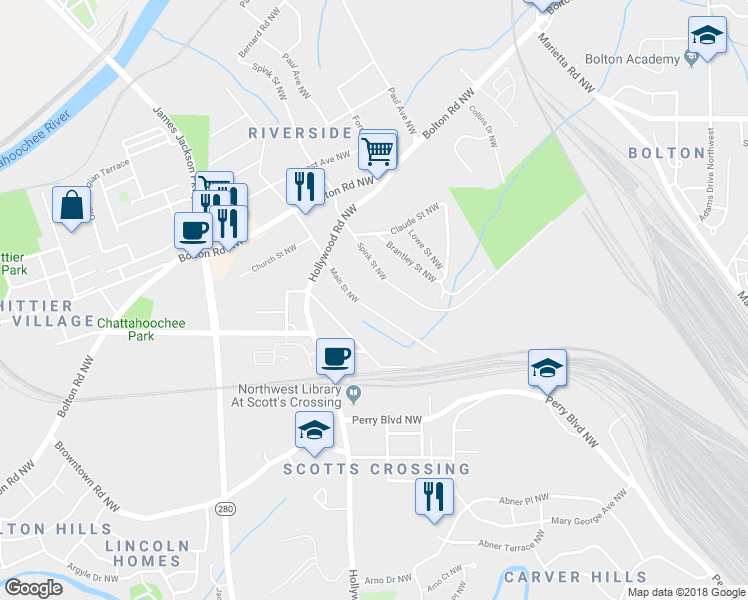 map of restaurants, bars, coffee shops, grocery stores, and more near 1942 Main Street Northwest in Atlanta