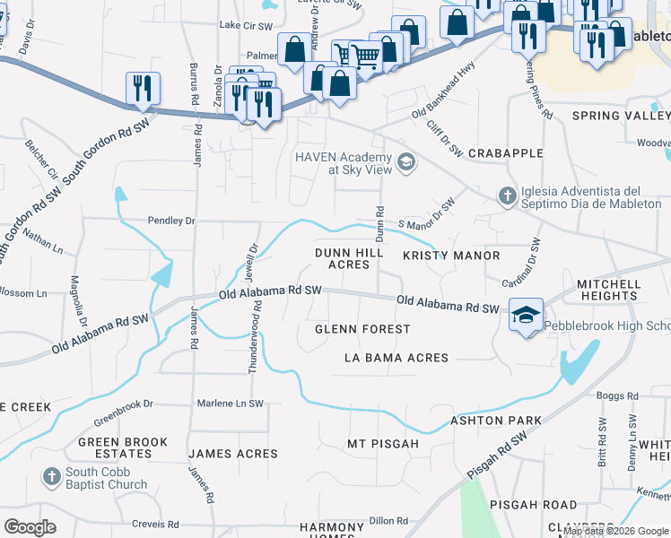 map of restaurants, bars, coffee shops, grocery stores, and more near 1263 Old Alabama Road Southwest in Mableton