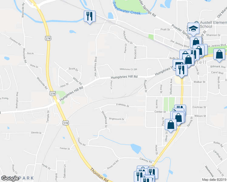 map of restaurants, bars, coffee shops, grocery stores, and more near 5990 Peco Lane in Austell
