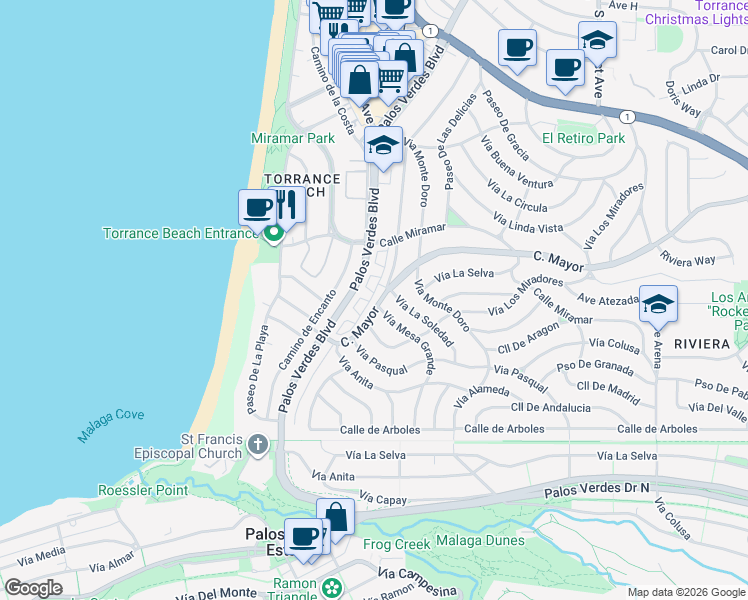 map of restaurants, bars, coffee shops, grocery stores, and more near 117 Vía Mesa Grande in Redondo Beach