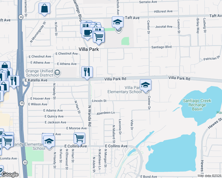 map of restaurants, bars, coffee shops, grocery stores, and more near 10582 Beardsley Circle in Villa Park