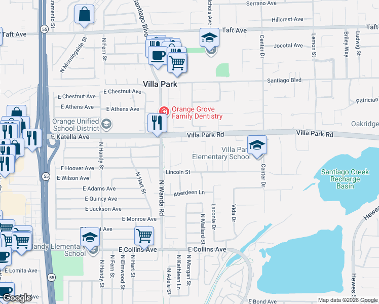 map of restaurants, bars, coffee shops, grocery stores, and more near 10582 Beardsley Circle in Villa Park