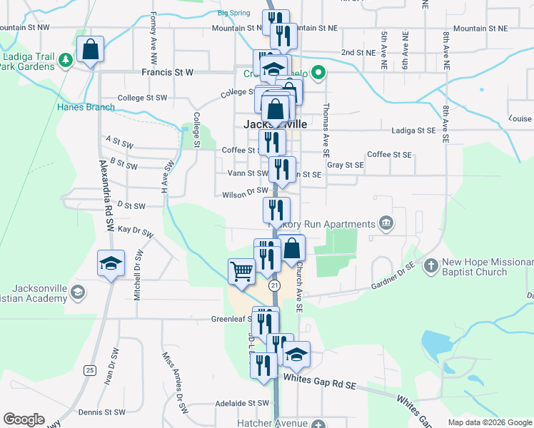 map of restaurants, bars, coffee shops, grocery stores, and more near 111 Eighty Oak Street Southwest in Jacksonville