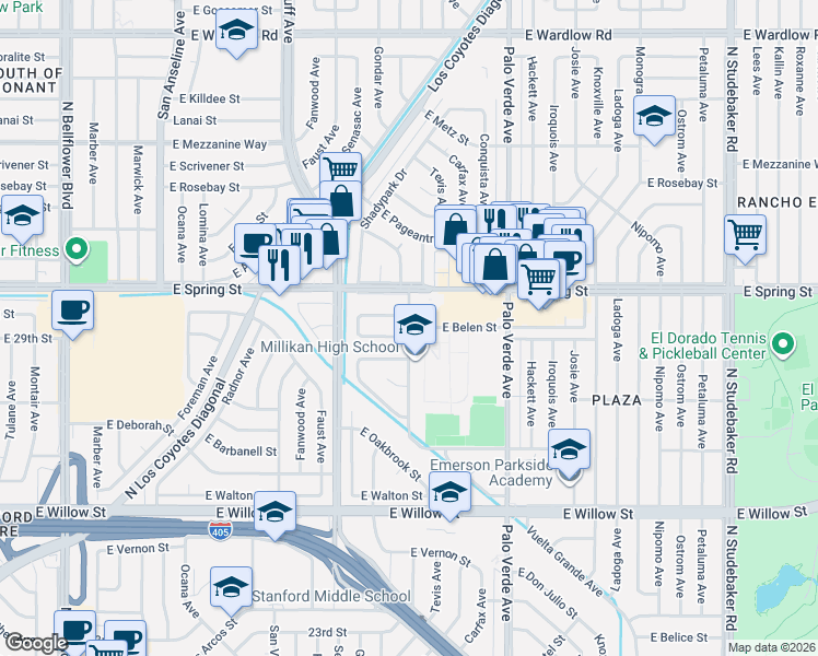 map of restaurants, bars, coffee shops, grocery stores, and more near East Belen Street in Long Beach