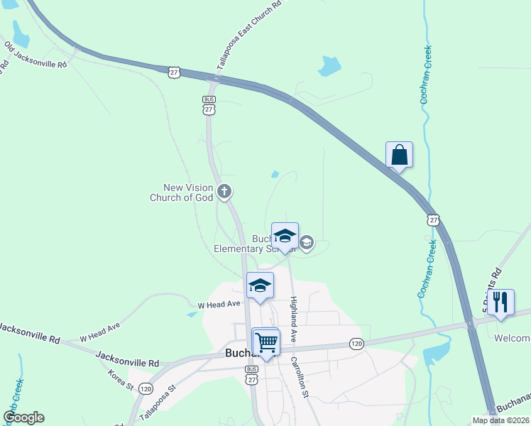 map of restaurants, bars, coffee shops, grocery stores, and more near 100 3rd Avenue in Buchanan