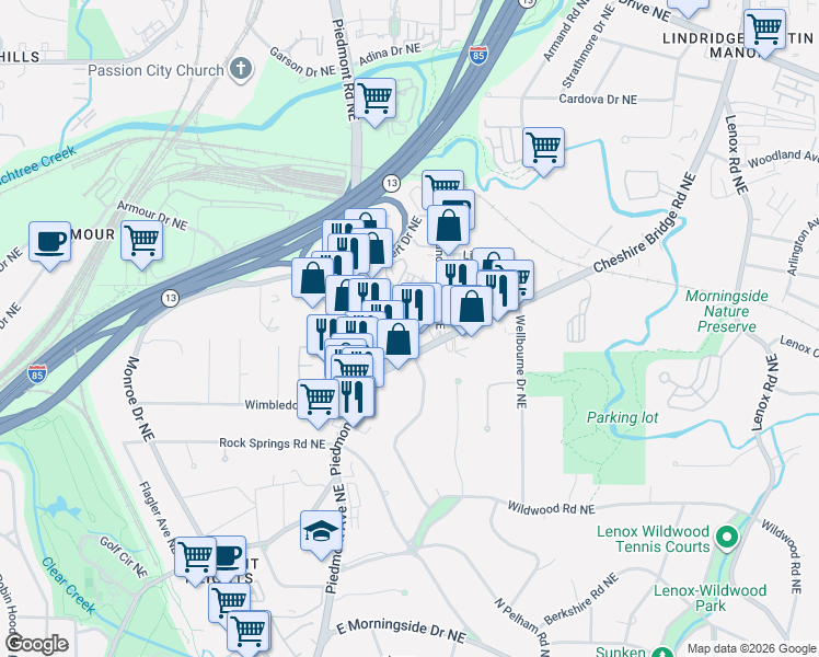 map of restaurants, bars, coffee shops, grocery stores, and more near 1776 Cheshire Bridge Road Northeast in Atlanta