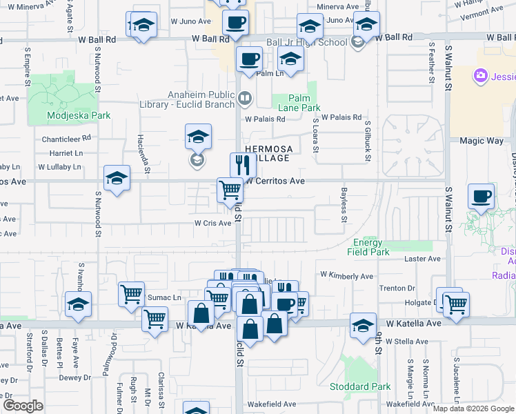 map of restaurants, bars, coffee shops, grocery stores, and more near 1673 West Cris Avenue in Anaheim