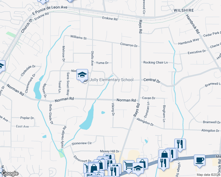 map of restaurants, bars, coffee shops, grocery stores, and more near 1042 Viking Drive in Stone Mountain