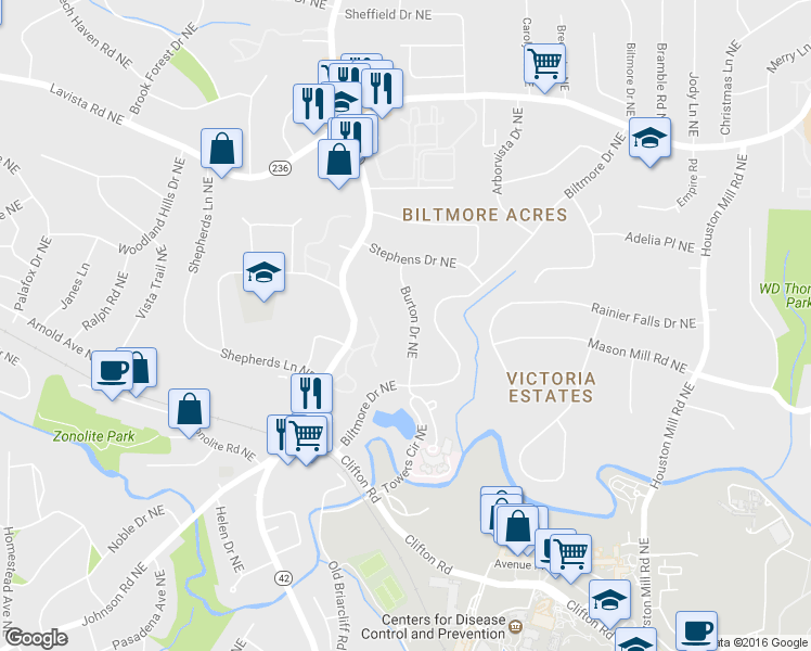 map of restaurants, bars, coffee shops, grocery stores, and more near 1050 Burton Drive Northeast in Atlanta