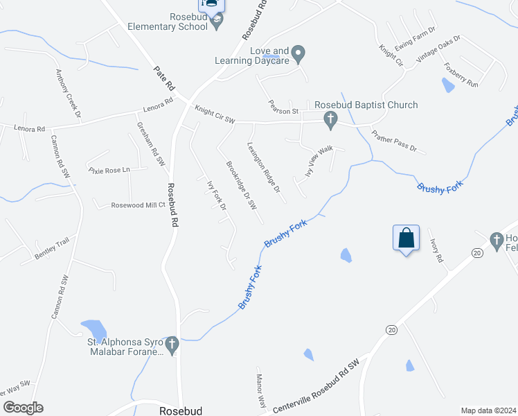 map of restaurants, bars, coffee shops, grocery stores, and more near 4460 Brookridge Drive in Loganville