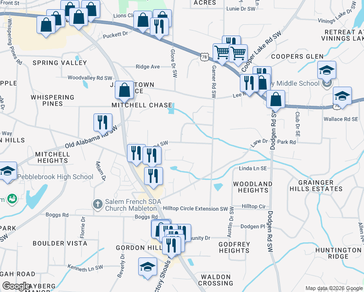 map of restaurants, bars, coffee shops, grocery stores, and more near 433 Gresham Road Southwest in Mableton