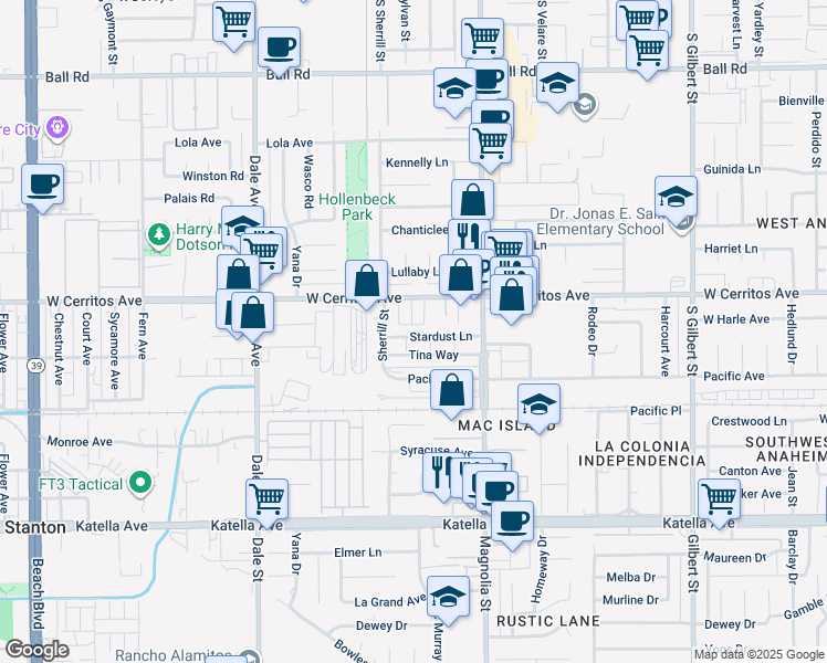 map of restaurants, bars, coffee shops, grocery stores, and more near 8853 Stardust Lane in Anaheim