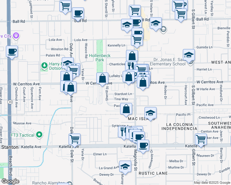 map of restaurants, bars, coffee shops, grocery stores, and more near 8853 Stardust Lane in Anaheim
