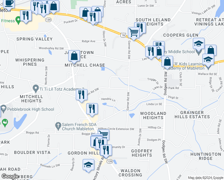 map of restaurants, bars, coffee shops, grocery stores, and more near 407 Gresham Road Southwest in Mableton
