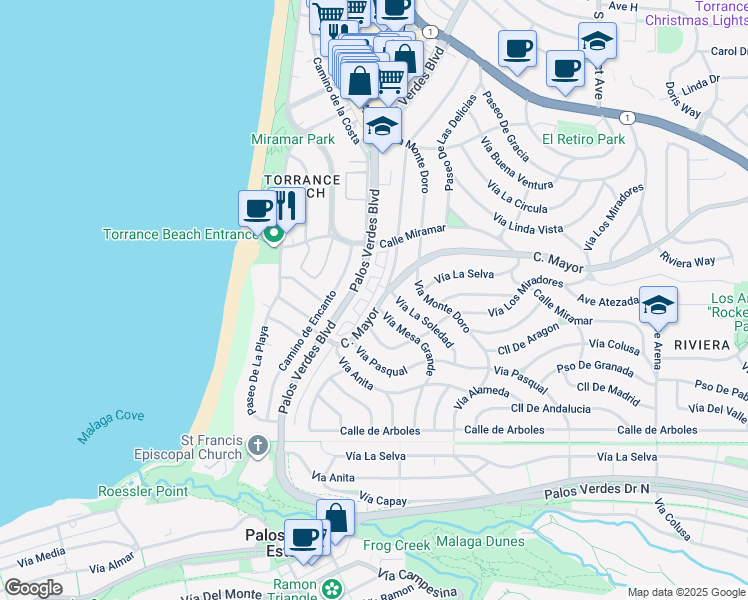 map of restaurants, bars, coffee shops, grocery stores, and more near 191 Calle Mayor in Redondo Beach