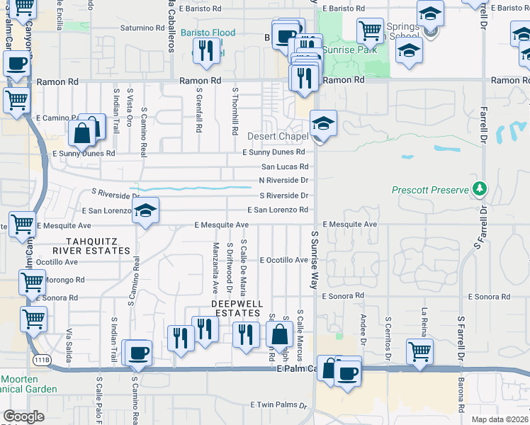 map of restaurants, bars, coffee shops, grocery stores, and more near 1009 South Paseo De Marcia in Palm Springs