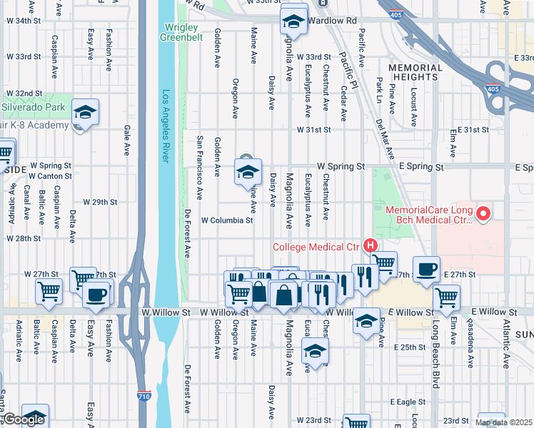 map of restaurants, bars, coffee shops, grocery stores, and more near 2871 Daisy Avenue in Long Beach