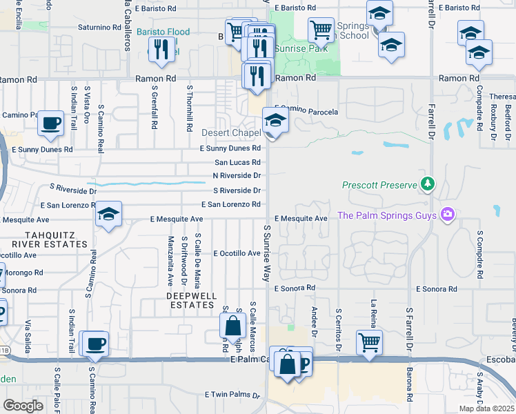 map of restaurants, bars, coffee shops, grocery stores, and more near 1651 East San Lorenzo Road in Palm Springs