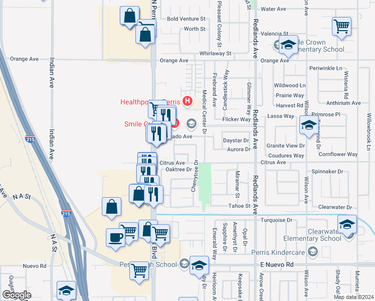 map of restaurants, bars, coffee shops, grocery stores, and more near 128 Pinetree Drive in Perris