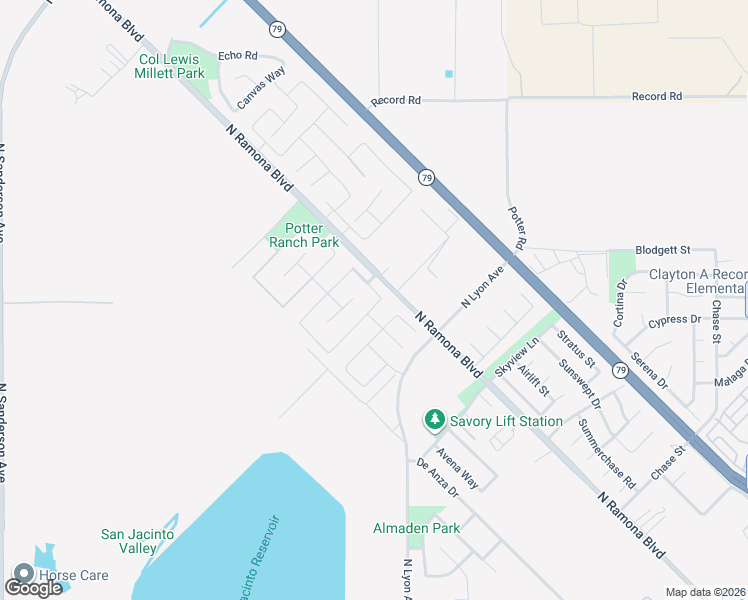 map of restaurants, bars, coffee shops, grocery stores, and more near 1678 Hayloft Place in San Jacinto