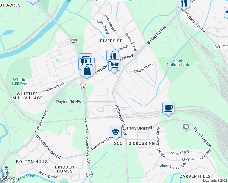 map of restaurants, bars, coffee shops, grocery stores, and more near 1988 Hollywood Road Northwest in Atlanta