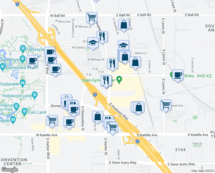 map of restaurants, bars, coffee shops, grocery stores, and more near 1506 South Urbana Street in Anaheim