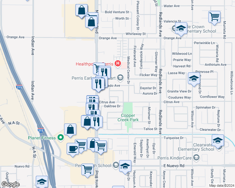map of restaurants, bars, coffee shops, grocery stores, and more near 128 Pinetree Drive in Perris