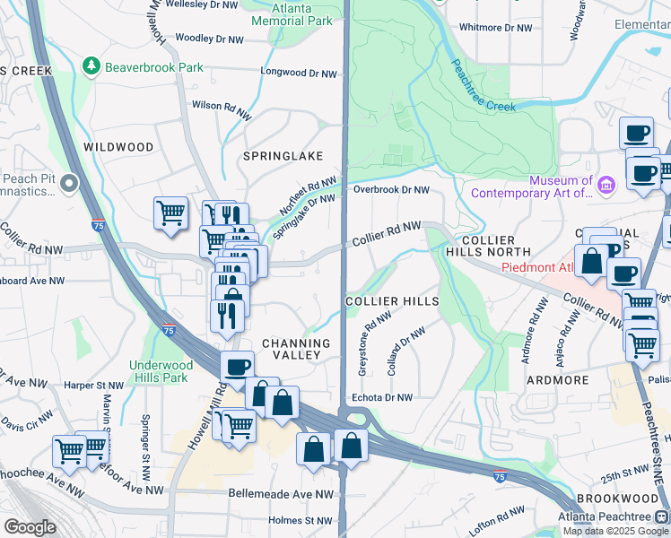 map of restaurants, bars, coffee shops, grocery stores, and more near 1976 Northside Drive Northwest in Atlanta