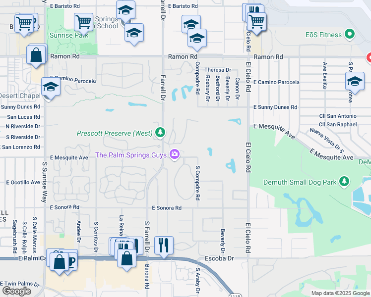 map of restaurants, bars, coffee shops, grocery stores, and more near 2700 East Mesquite Avenue in Palm Springs