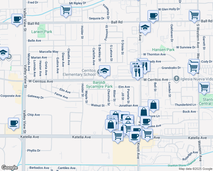 map of restaurants, bars, coffee shops, grocery stores, and more near 3731 West Cerritos Avenue in Anaheim