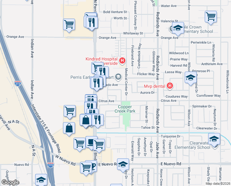 map of restaurants, bars, coffee shops, grocery stores, and more near 128 Pinetree Drive in Perris
