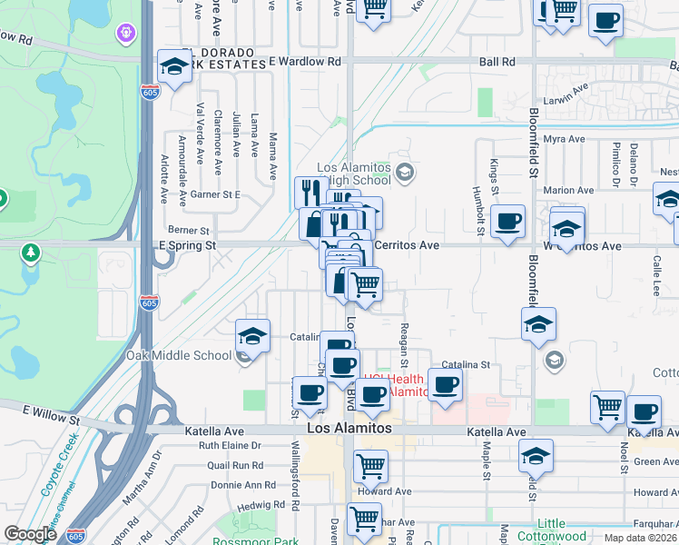 map of restaurants, bars, coffee shops, grocery stores, and more near in Los Alamitos