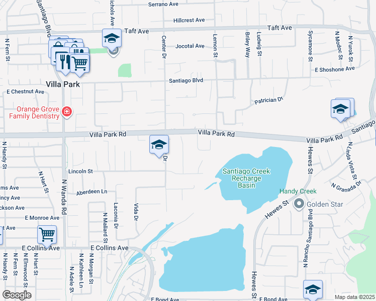 map of restaurants, bars, coffee shops, grocery stores, and more near 10452 Wulff Drive in Villa Park
