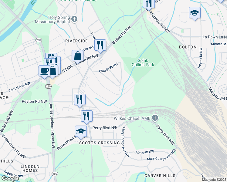 map of restaurants, bars, coffee shops, grocery stores, and more near 1955 Spink Street Northwest in Atlanta