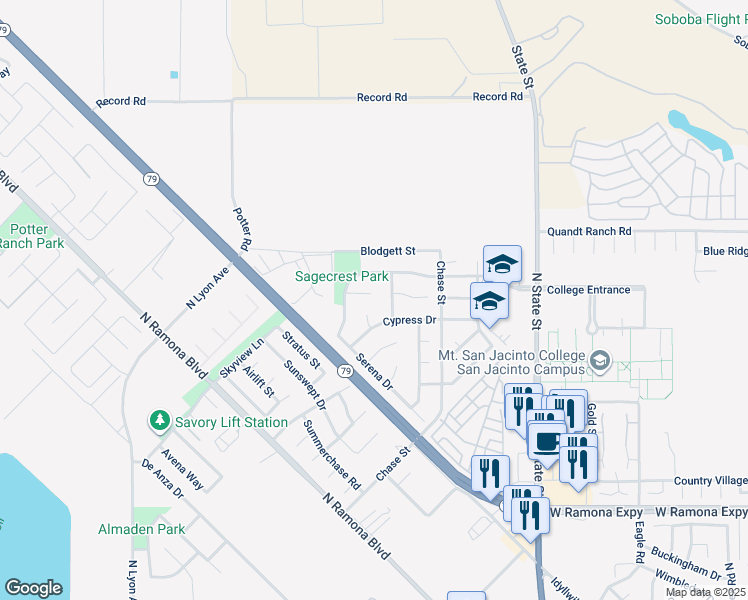map of restaurants, bars, coffee shops, grocery stores, and more near 1026 Columbus Court in San Jacinto