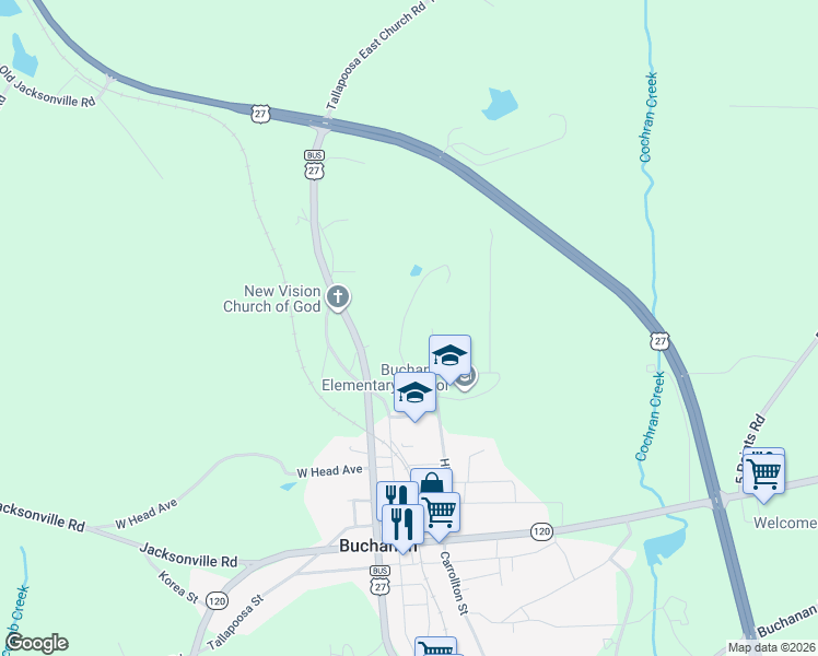 map of restaurants, bars, coffee shops, grocery stores, and more near 100 3rd Avenue in Buchanan