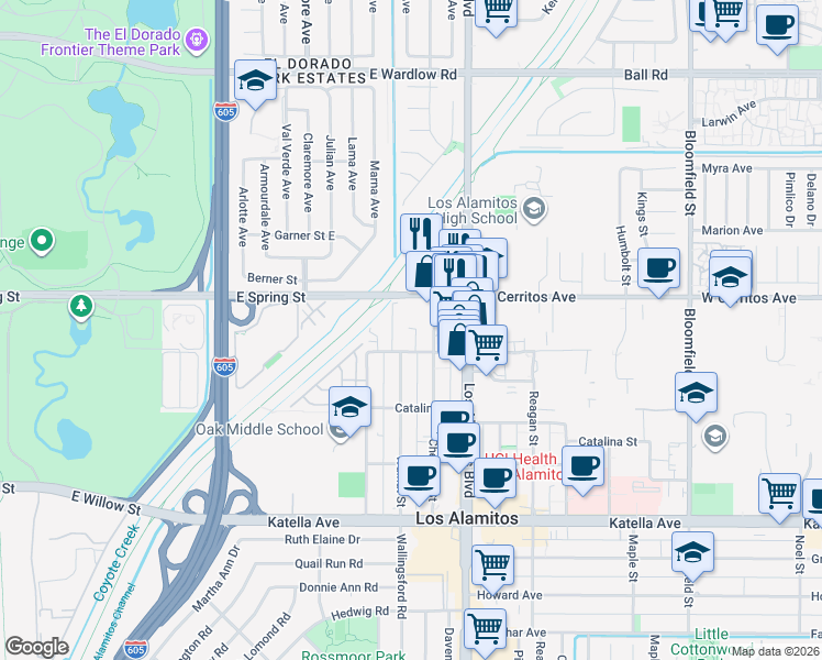 map of restaurants, bars, coffee shops, grocery stores, and more near 3342 West Cerritos Avenue in Los Alamitos