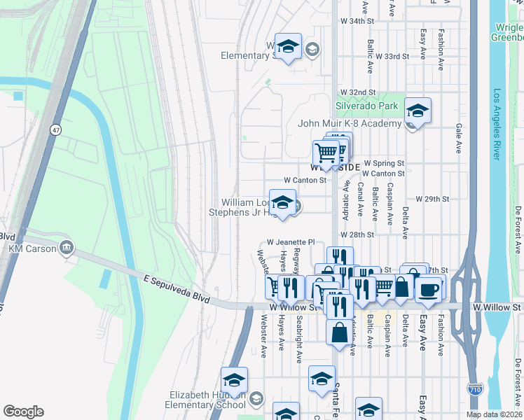 map of restaurants, bars, coffee shops, grocery stores, and more near 2851 Webster Avenue in Long Beach