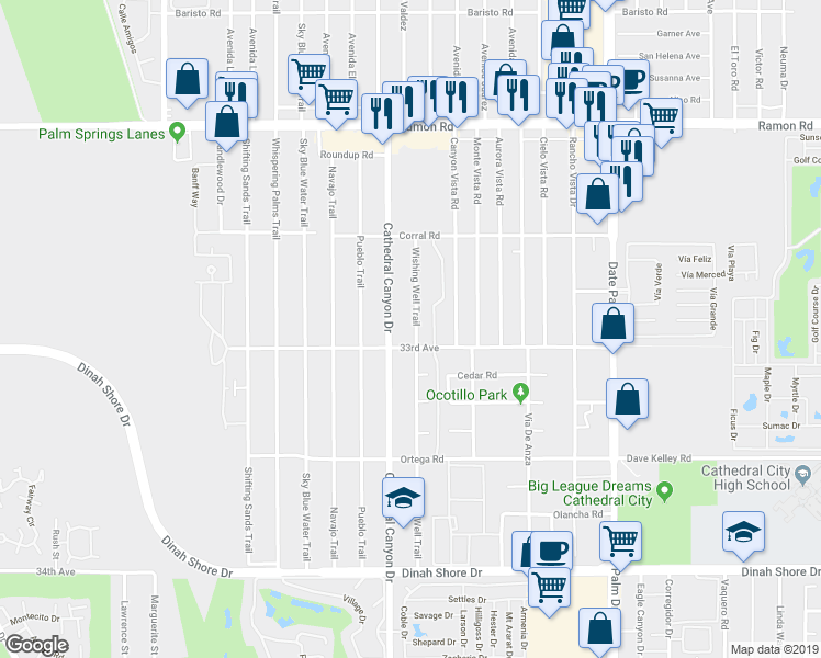 map of restaurants, bars, coffee shops, grocery stores, and more near 32855 Wishing Well Trail in Cathedral City