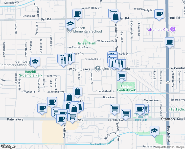 map of restaurants, bars, coffee shops, grocery stores, and more near 7232 West Cerritos Avenue in Stanton