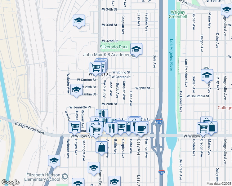 map of restaurants, bars, coffee shops, grocery stores, and more near 2912 Canal Avenue in Long Beach
